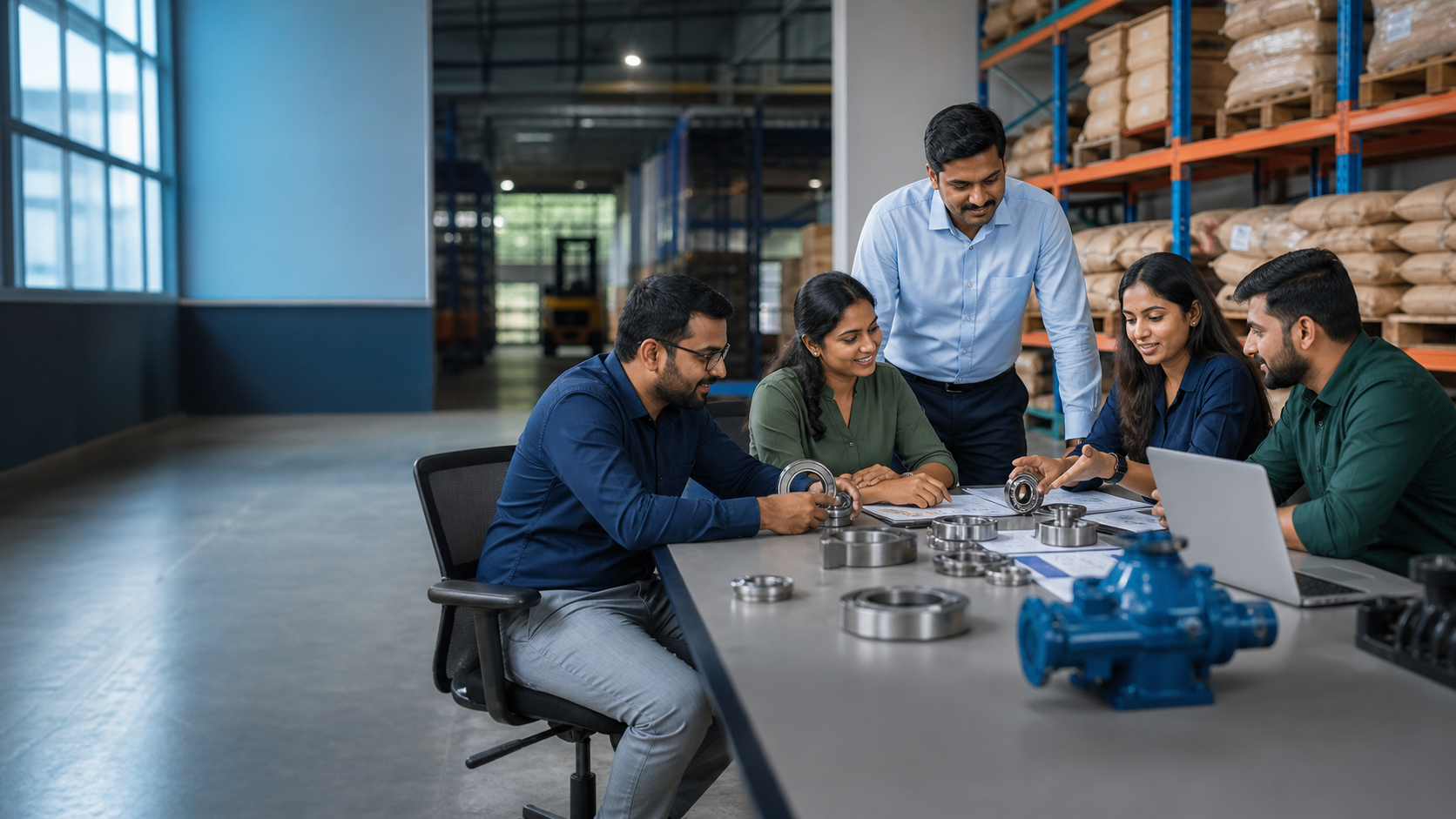 Samrat Industries team reviewing industrial bearings and pump components