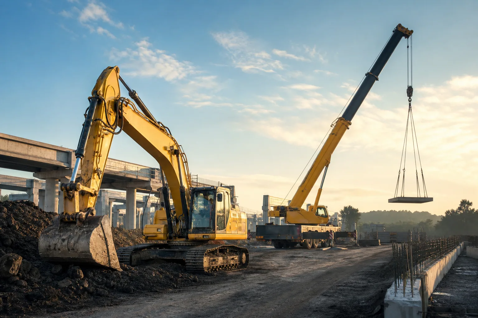 Excavator and mobile crane on an infrastructure site