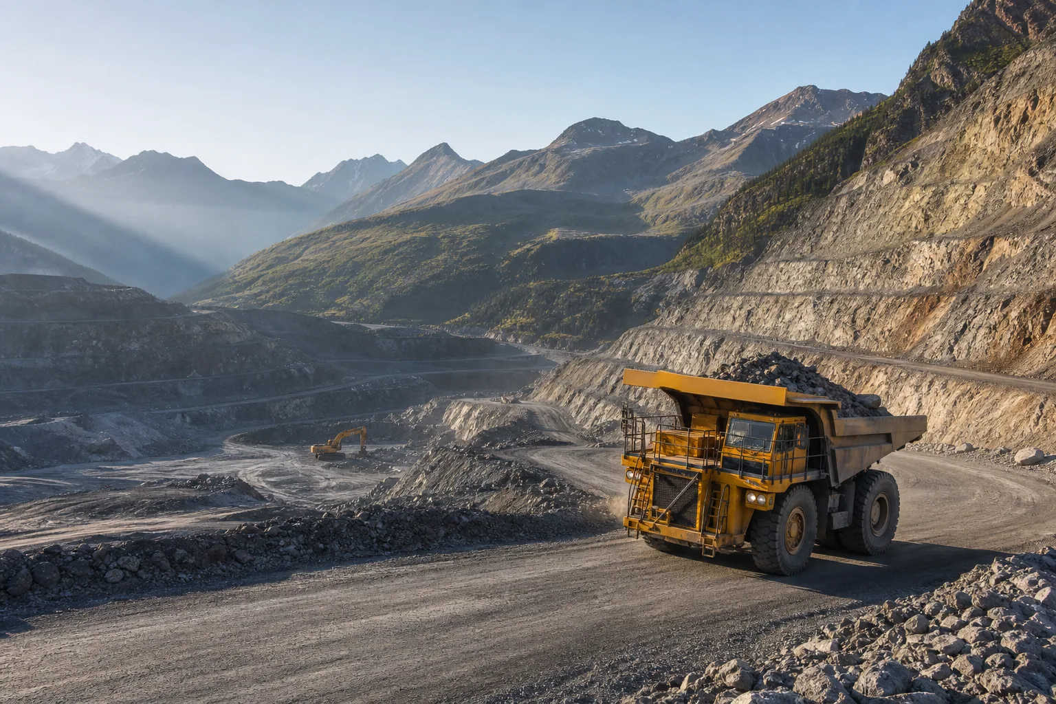 Open-pit mining operation in a mountain landscape